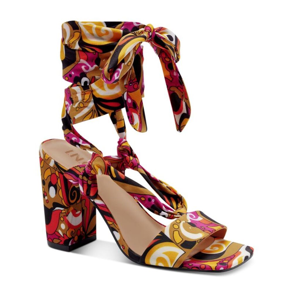 INC Womens Orange Padded Laeelia Square Toe Block Heel Lace-Up Heeled Sandal 7 M